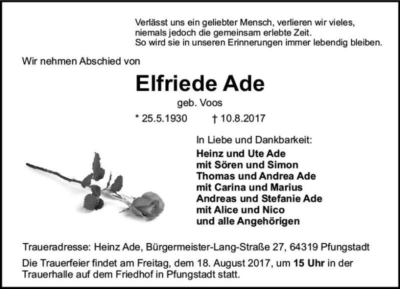  Traueranzeige für Elfriede Ade vom 16.08.2017 aus Trauerportal Echo Online