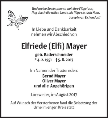 Traueranzeige von Elfriede Mayer von Trauerportal Rhein Main Presse