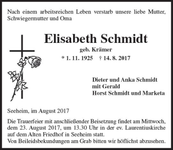 Traueranzeige von Elisabeth Schmidt von Trauerportal Echo Online