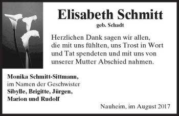 Traueranzeige von Elisabeth Schmitt von Trauerportal Rhein Main Presse