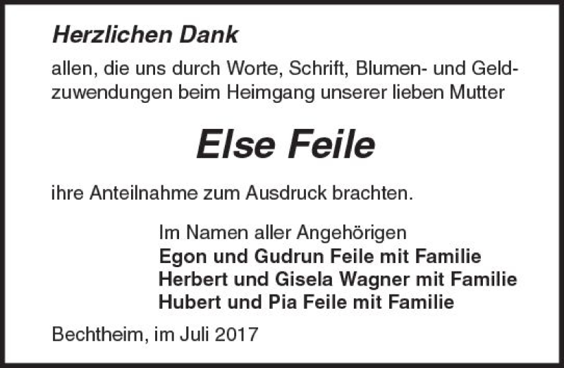  Traueranzeige für Else Feile vom 05.08.2017 aus Trauerportal Rhein Main Presse
