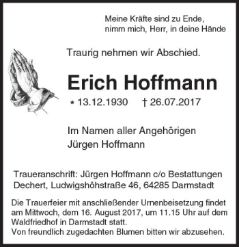 Traueranzeige von Erich Hoffmann von Trauerportal Echo Online