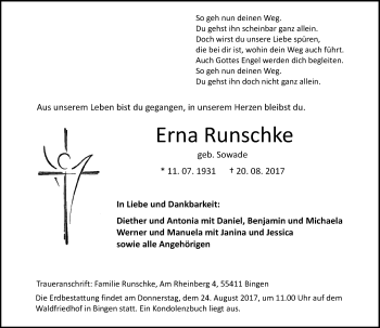 Traueranzeige von Erna Runschke von Trauerportal Rhein Main Presse