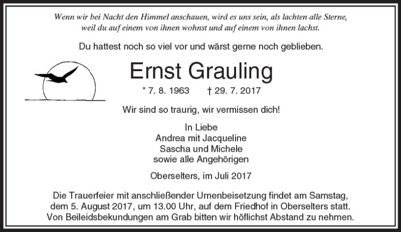  Traueranzeige für Ernst Grauling vom 03.08.2017 aus  Camberger Anzeiger