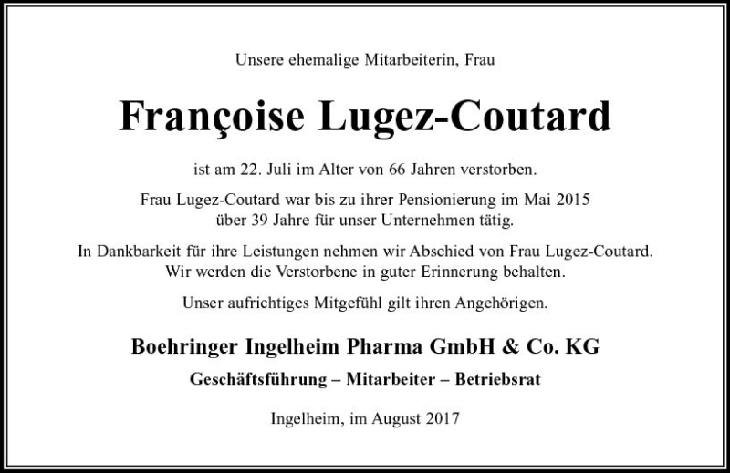 Traueranzeige für Francoise Lugez-Coutard vom 11.08.2017 aus Trauerportal Rhein Main Presse