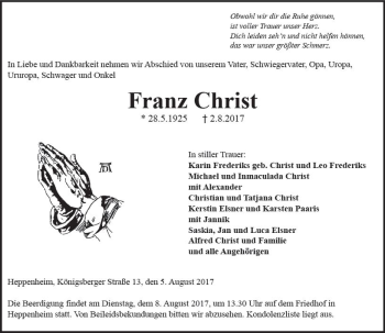 Traueranzeige von Franz Christ von Trauerportal Echo Online