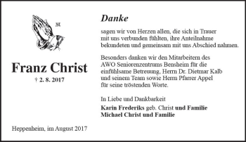 Traueranzeige von Franz Christ von Trauerportal Echo Online