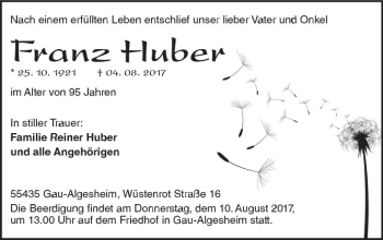 Traueranzeige von Franz Huber von Trauerportal Rhein Main Presse