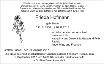 Traueranzeige von Frieda Hofmann von  Gießener Anzeiger