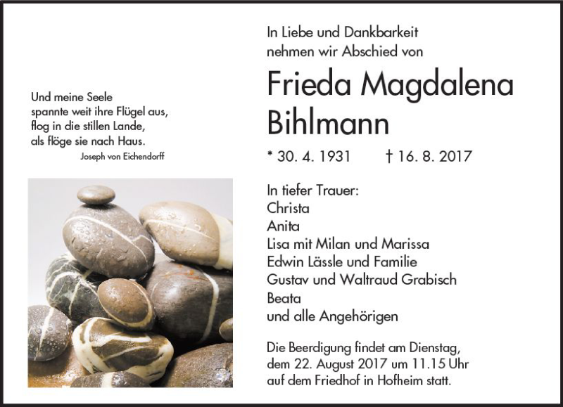  Traueranzeige für Frieda Magdalena Bihlmann vom 19.08.2017 aus Trauerportal Echo Online
