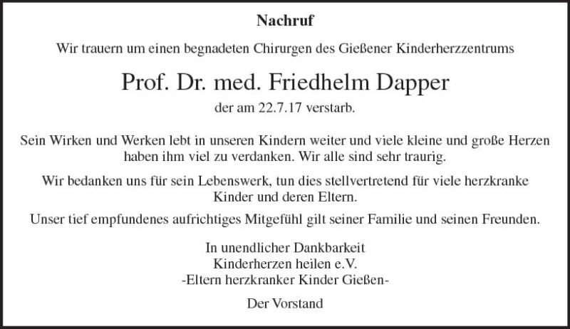  Traueranzeige für Friedhelm Dapper vom 25.08.2017 aus  Gießener Anzeiger
