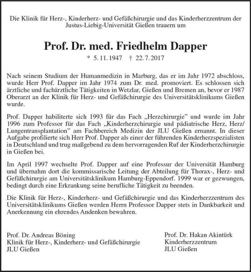  Traueranzeige für Friedhelm Dapper vom 19.08.2017 aus  Gießener Anzeiger