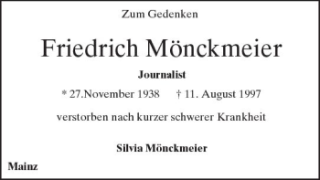 Traueranzeige von Friedrich Mönckmeier von Trauerportal Rhein Main Presse