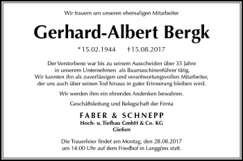Traueranzeige von Gerhard-Albert Bergk von  Gießener Anzeiger