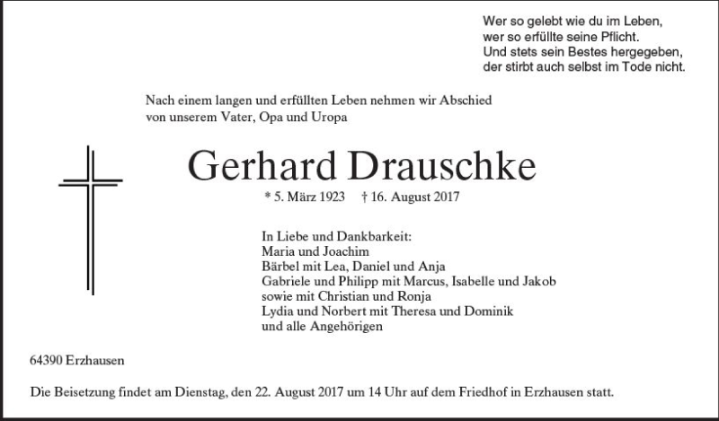  Traueranzeige für Gerhard Drauschke vom 19.08.2017 aus Trauerportal Echo Online