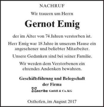 Traueranzeige von Gernot Emig von Trauerportal Rhein Main Presse