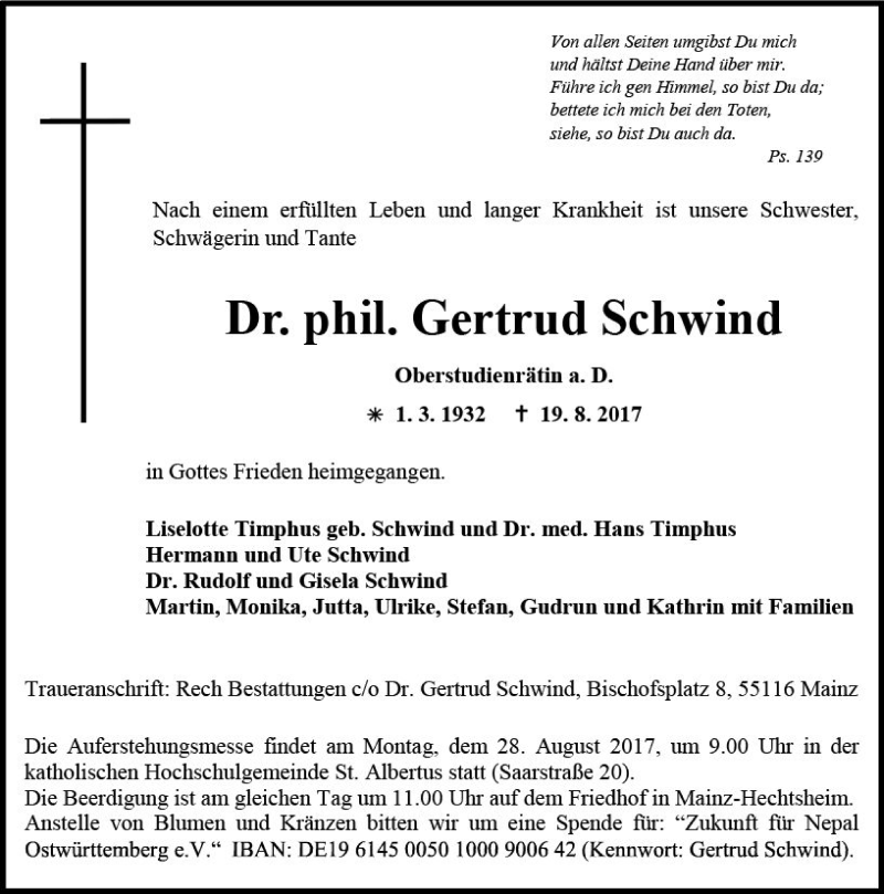  Traueranzeige für Gertrud Schwind vom 26.08.2017 aus Trauerportal Rhein Main Presse