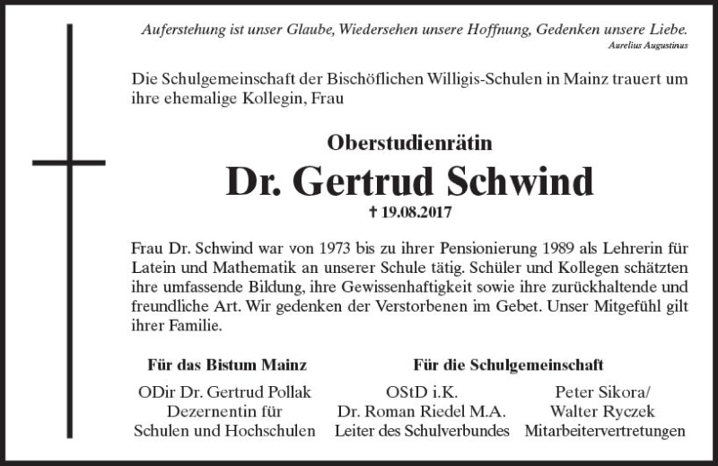  Traueranzeige für Gertrud Schwind vom 31.08.2017 aus Trauerportal Rhein Main Presse