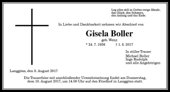 Traueranzeige von Gisela Boller von  Gießener Anzeiger