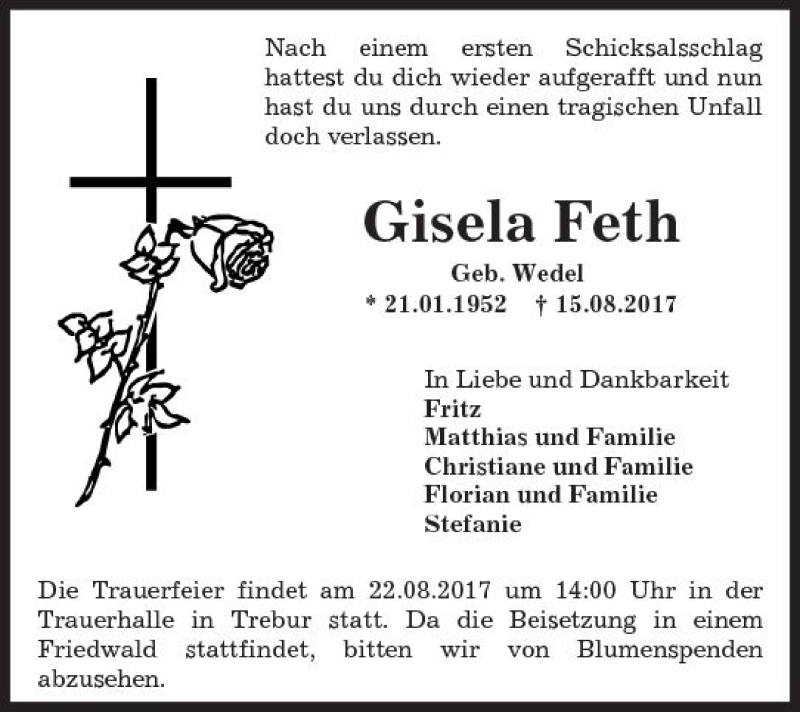  Traueranzeige für Gisela Feth vom 19.08.2017 aus Trauerportal Rhein Main Presse