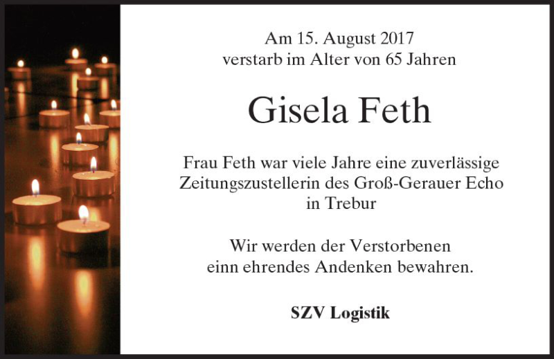 Traueranzeige für Gisela Feth vom 26.08.2017 aus Trauerportal Echo Online