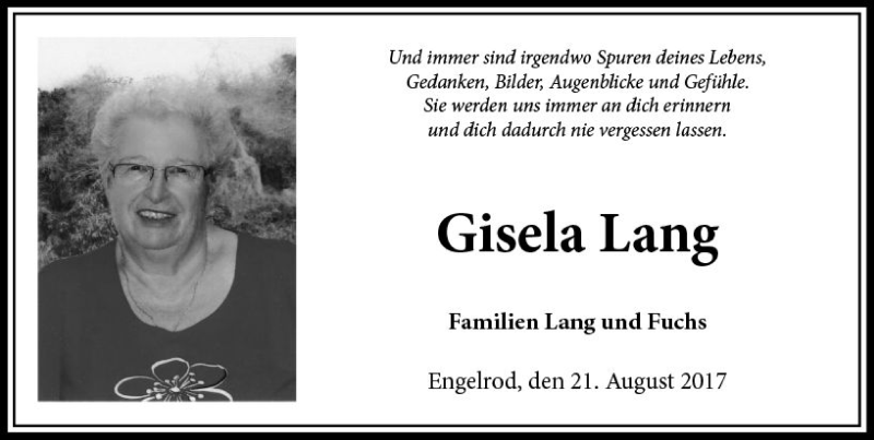  Traueranzeige für Gisela Lang vom 21.08.2017 aus VRM Trauer