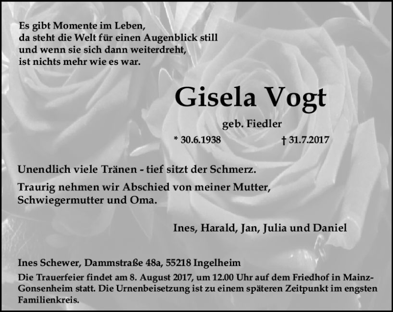  Traueranzeige für Gisela Vogt vom 05.08.2017 aus Trauerportal Rhein Main Presse