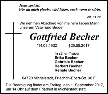 Traueranzeige von Gottfried Becher von Trauerportal Echo Online
