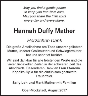 Traueranzeige von Hannah Duffy Mather von  Kreisanzeiger