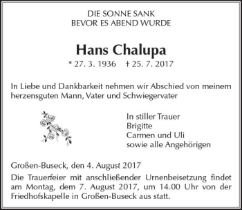 Traueranzeige von Hans Chalupa von  Gießener Anzeiger