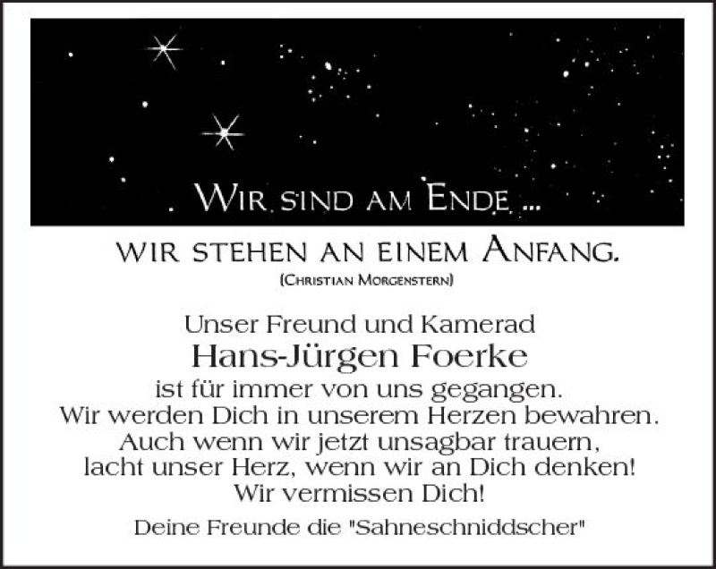  Traueranzeige für Hans-Jürgen Foerke vom 12.08.2017 aus Trauerportal Echo Online