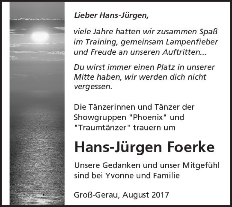  Traueranzeige für Hans-Jürgen Foerke vom 12.08.2017 aus  Ried Echo