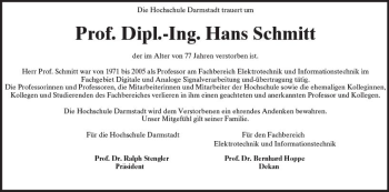Traueranzeige von Hans Schmitt von Trauerportal Echo Online