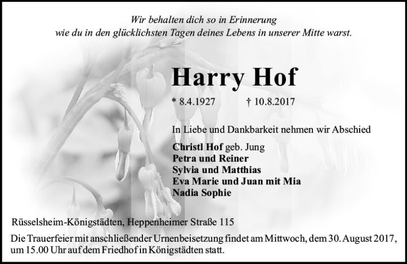  Traueranzeige für Harry Hof vom 19.08.2017 aus Trauerportal Rhein Main Presse