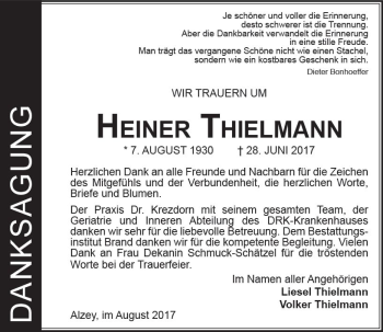 Traueranzeige von Heiner Thielmann von Trauerportal Rhein Main Presse