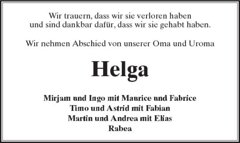  Traueranzeige für Helga  vom 19.08.2017 aus  Kreisanzeiger