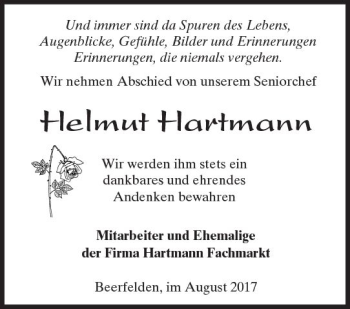 Traueranzeige von Helmut Hartmann von Trauerportal Rhein Main Presse