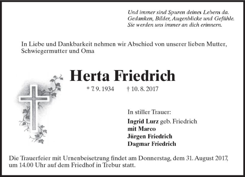  Traueranzeige für Herta Friedrich vom 30.08.2017 aus Trauerportal Echo Online