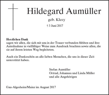 Traueranzeige von Hildegard Aumüller von Trauerportal Rhein Main Presse
