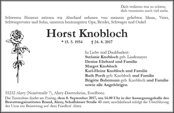 Traueranzeige von Horst Knobloch von Trauerportal Rhein Main Presse