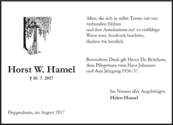 Traueranzeige von Horst W. Hamel von Trauerportal Echo Online