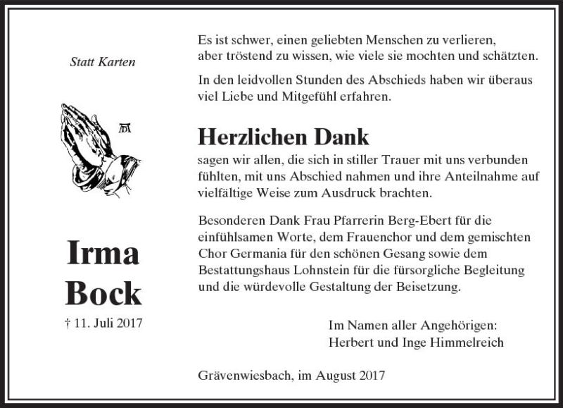  Traueranzeige für Irma Bock vom 05.08.2017 aus  Usinger Anzeiger