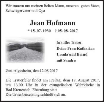 Traueranzeige von Jean Hofmann von Trauerportal Rhein Main Presse