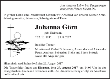 Traueranzeige von Johanna Görn von  Kreisanzeiger