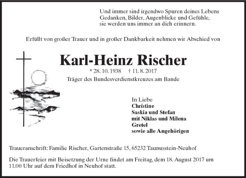  Traueranzeige für Karl-Heinz Rischer vom 16.08.2017 aus Trauerportal Rhein Main Presse