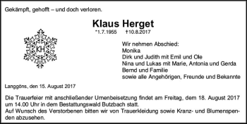 Traueranzeige von Klaus Herget von  Gießener Anzeiger