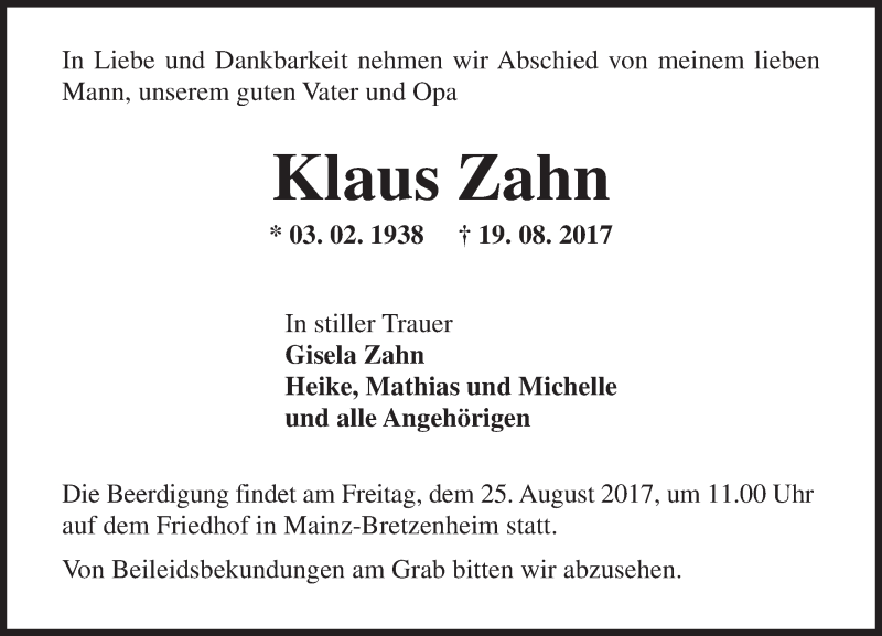  Traueranzeige für Klaus Zahn vom 23.08.2017 aus Trauerportal Rhein Main Presse