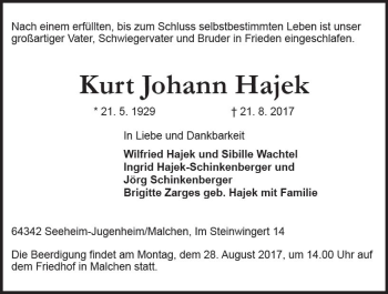 Traueranzeige von Kurt Johann Hajek von Trauerportal Echo Online