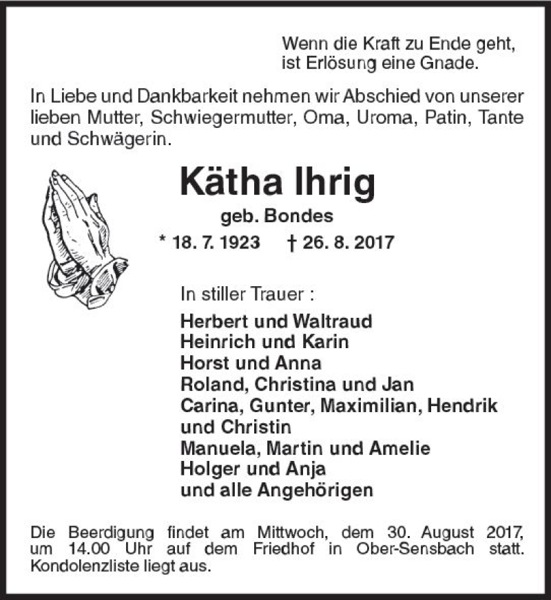  Traueranzeige für Kätha Ihrig vom 29.08.2017 aus Trauerportal Echo Online