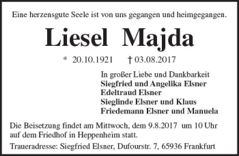 Traueranzeige von Liesel Majda von Trauerportal Echo Online